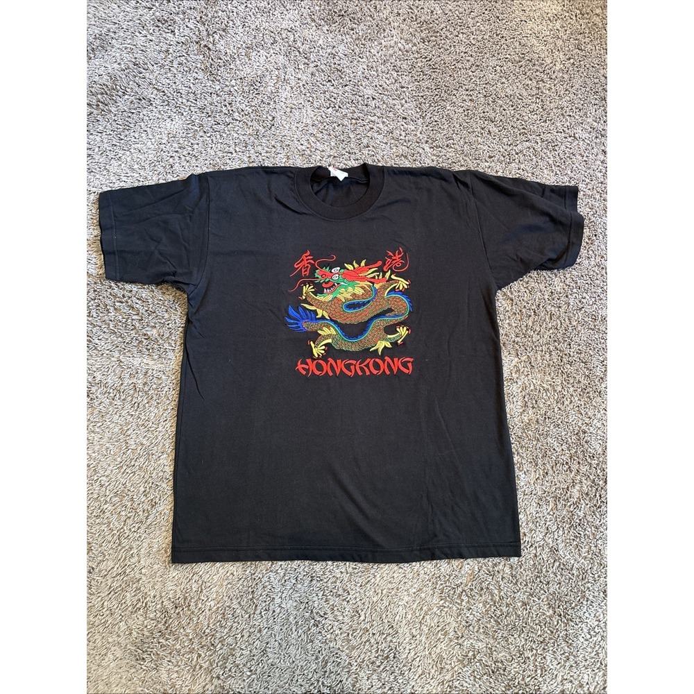 Vintage Hong Kong Dragon Embroidered T Shirt Tee Black Unisex Size XL